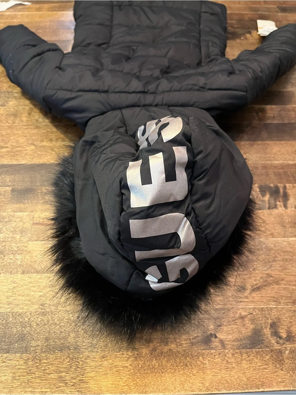 4T Guess Black Girls' Quilted Puffer Jacket with Faux Fur Hood